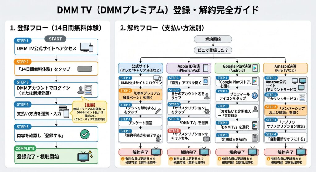 DMM TVの登録方法と解約方法の流れをまとめた図