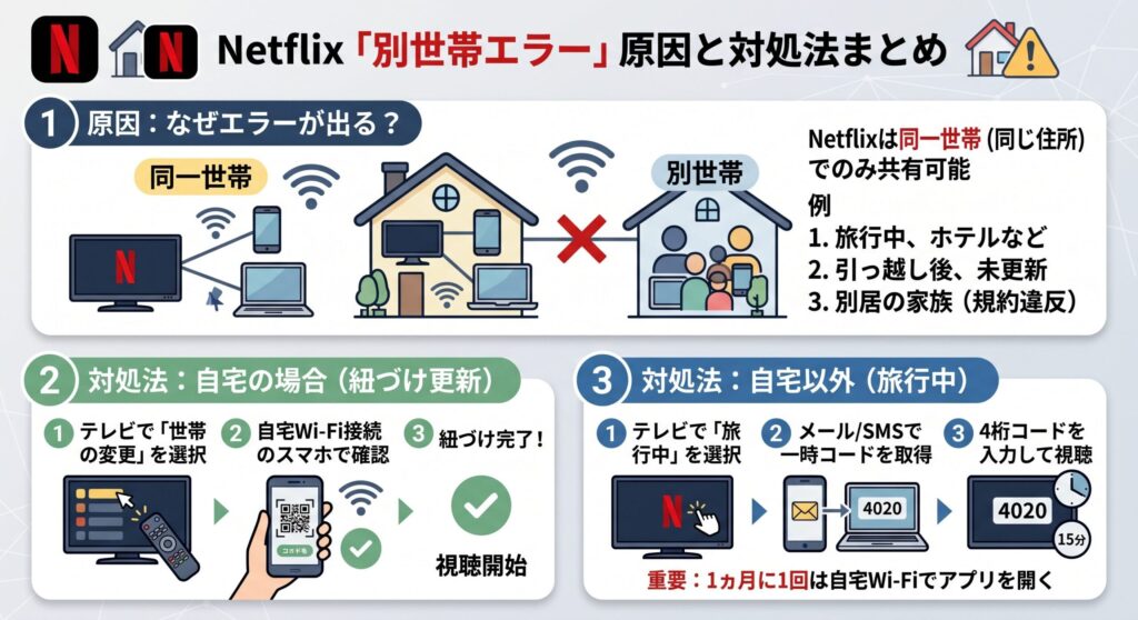 Netflix別世帯エラーの原因と対処法をまとめた図解