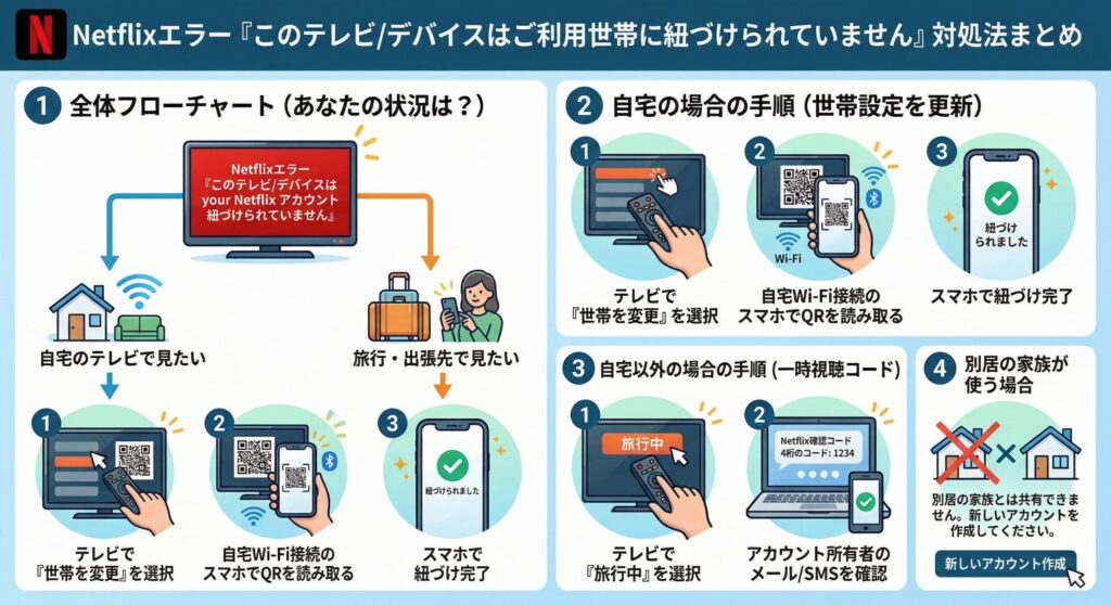 Netflixエラー「このテレビデバイスはご利用世帯に紐づけられていません」の対処法フロー図