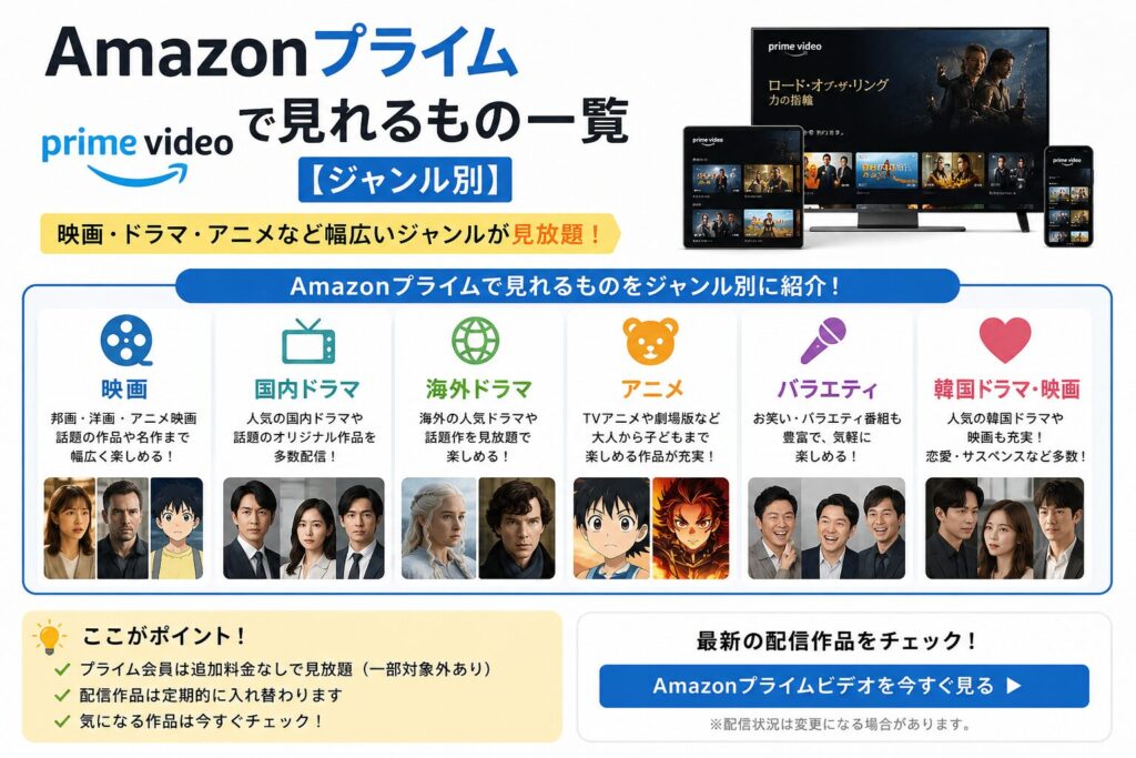 Amazonプライムで見れるもの一覧をジャンル別にまとめた画像