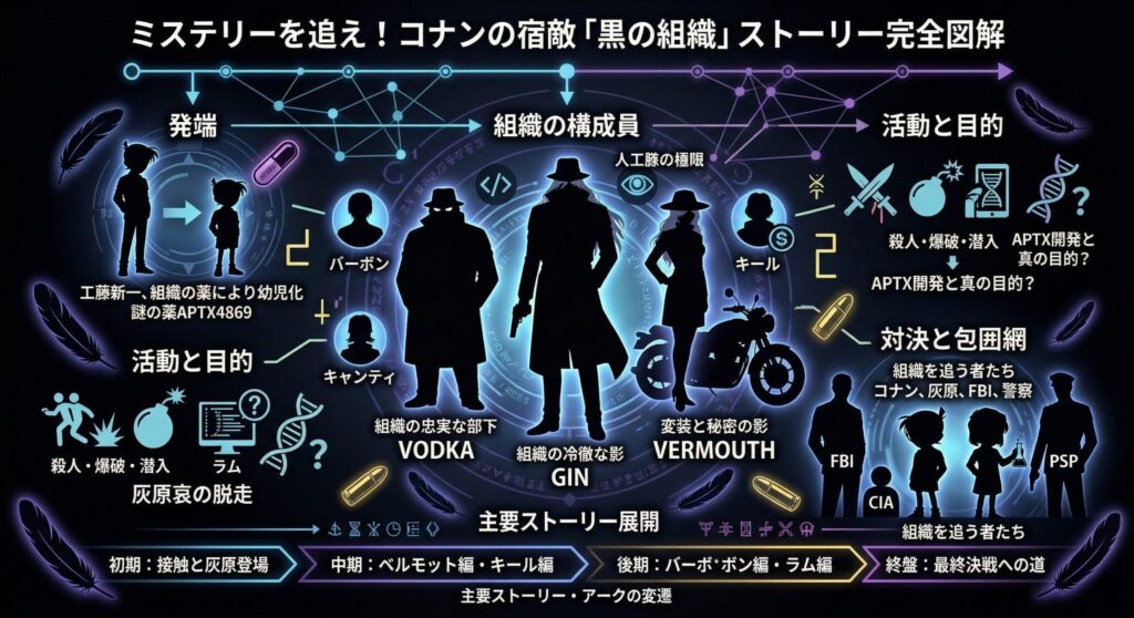 名探偵コナン黒の組織ストーリーと主要キャラクターの解説図