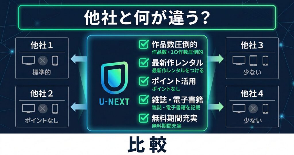 U-NEXTと他社動画配信サービスの違いを比較したイメージ図