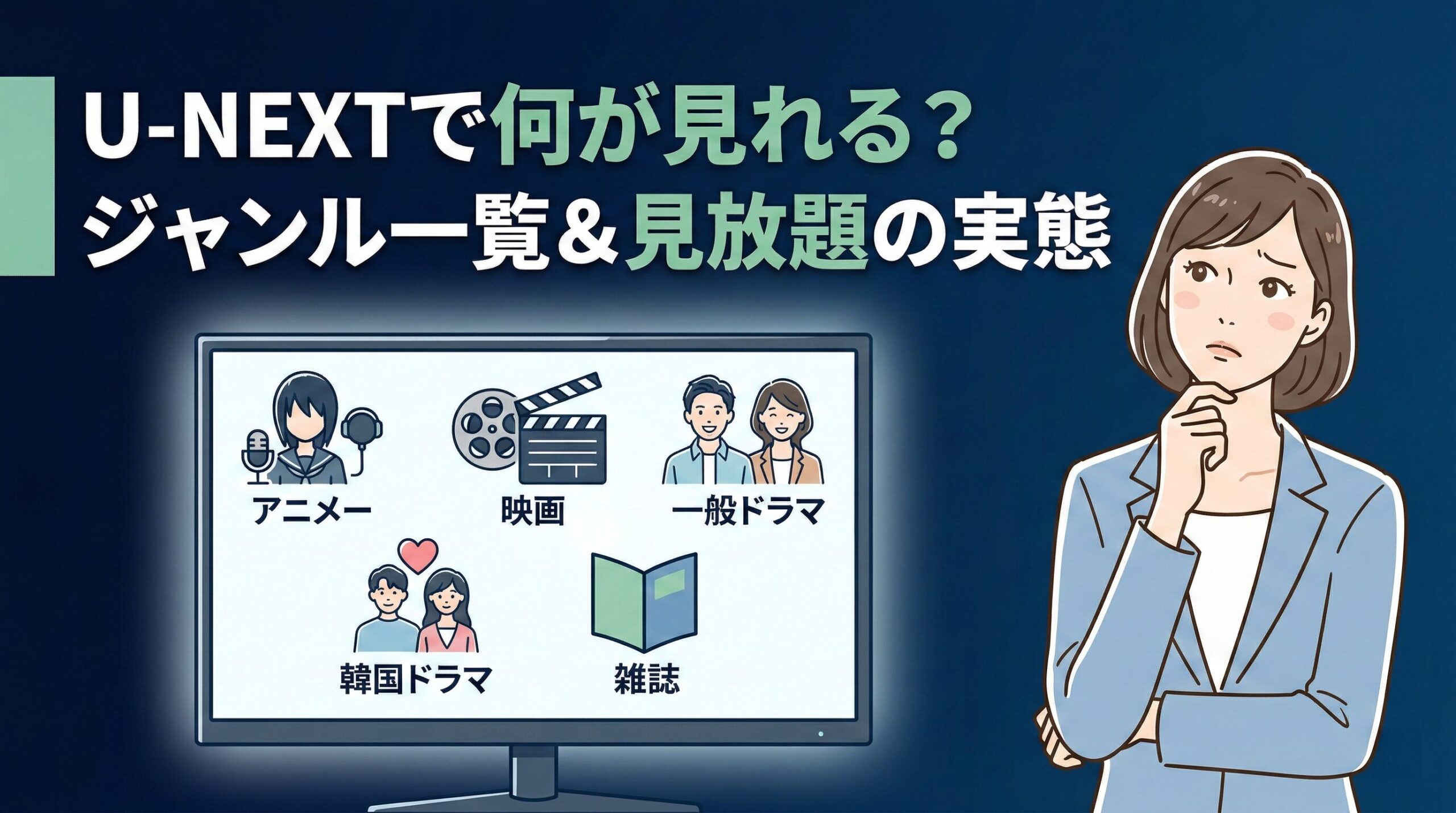U-NEXTで何が見れるのかをジャンル別に解説した記事のアイキャッチ画像