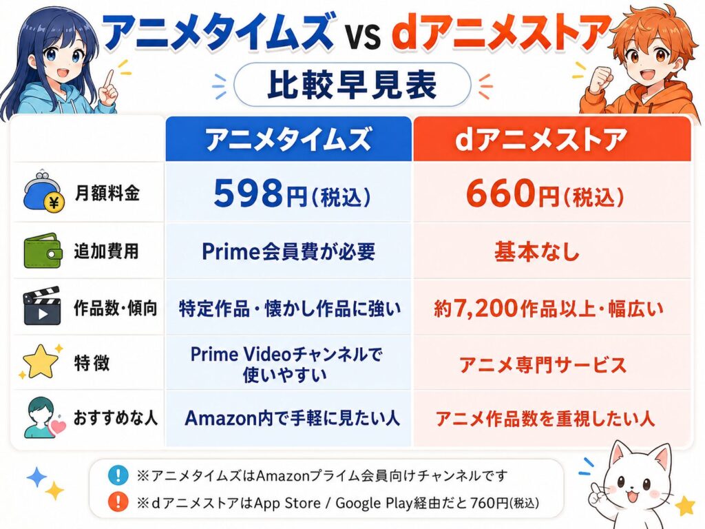 アニメタイムズとdアニメストアの料金や作品数の違いを比較した早見表