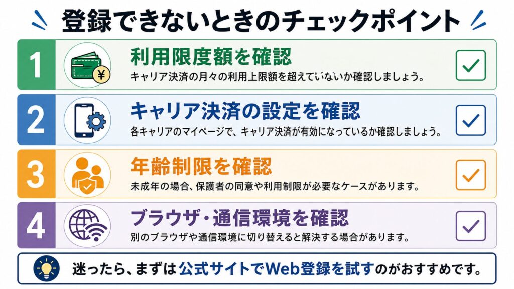 DMM TVをキャリア決済で登録できないときの確認ポイントをまとめた図解
