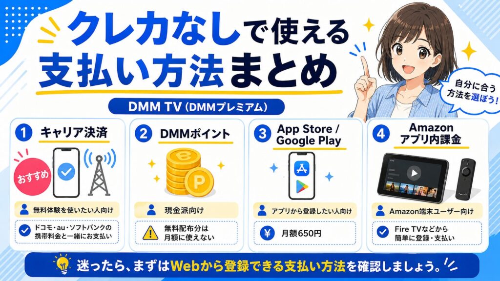 DMM TVをクレカなしで使える支払い方法を比較した図解