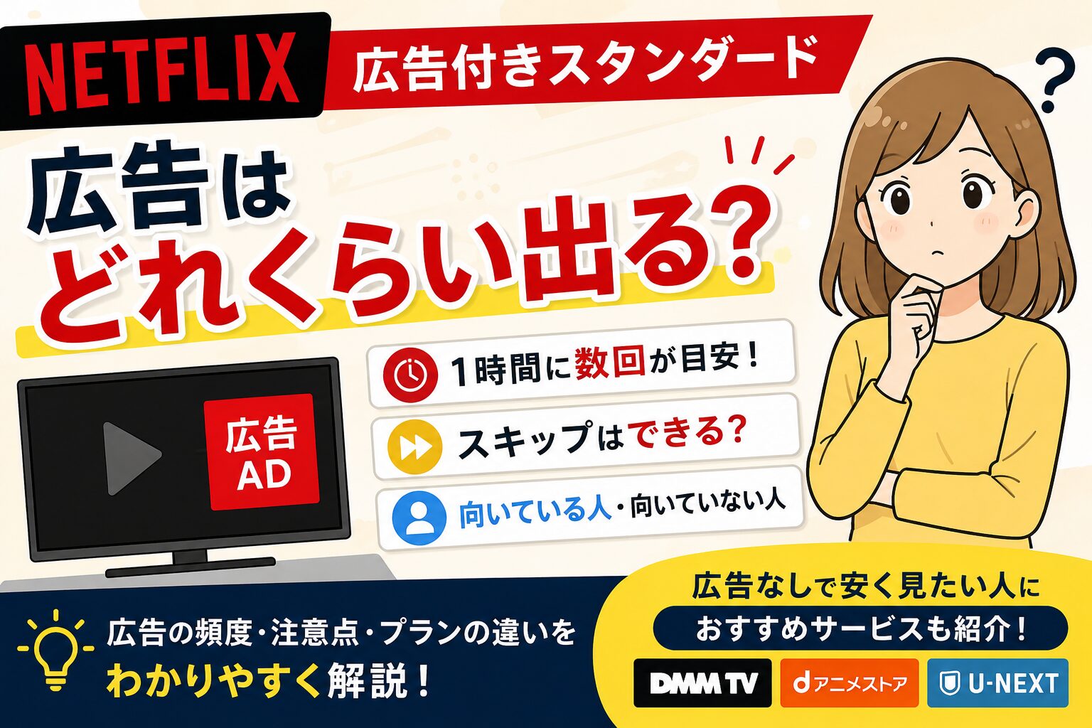 ネトフリの広告頻度や広告付きスタンダードの注意点を解説するアイキャッチ画像