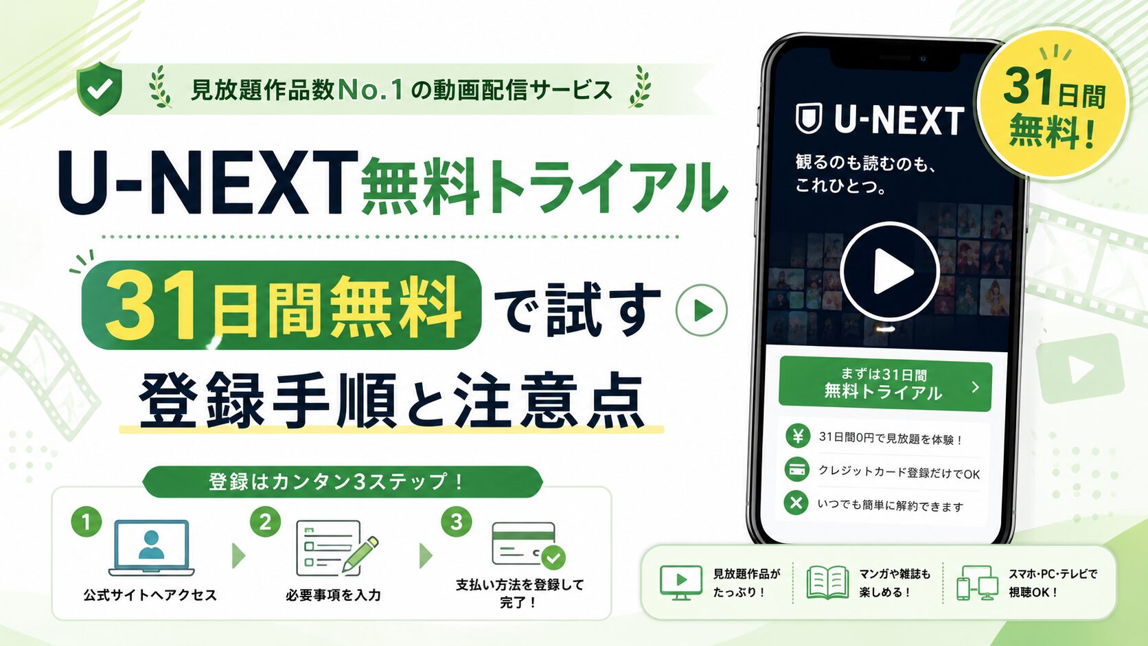 U-NEXT無料トライアルの登録手順と注意点を解説するアイキャッチ画像